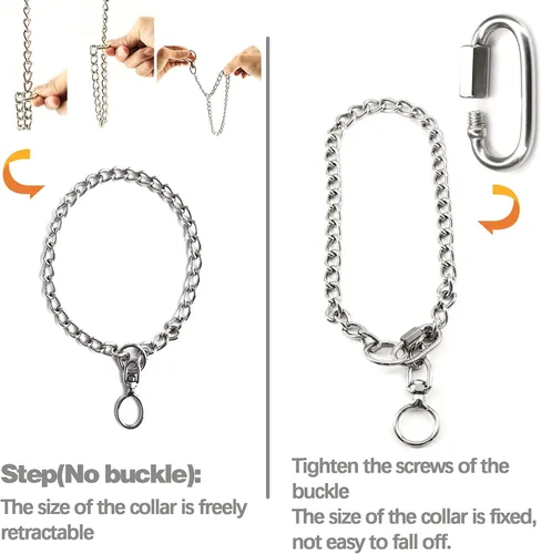 Vista 6 de Collar de cadena para perro, correa de acero inoxidable de metal, collar de estrangulador de entrenamiento, hebilla ajustable, cabeza de rotación