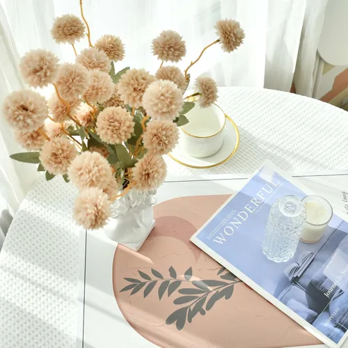 Vista 5 de Mandy's 6 tallos de seda beige Kiku flores de bola Tallos artificiales de crisantemo para decoración del hogar, verano, arreglo floral sintético