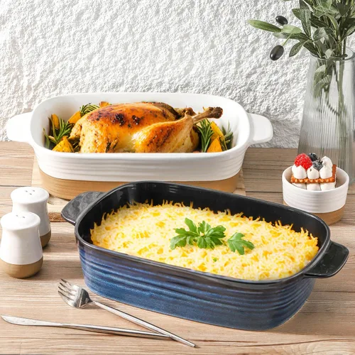 Vista 7 de Plato de cerámica para hornear, cacerola de 8.7 x 15.2 pulgadas con asas, bandeja rectangular profunda para lasaña para asar y hornear, utensilios