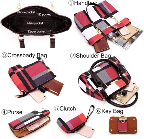 Vista 4 de YOUNXSL 6 bolsas de mano de poliuretano para mujer bolso de hombro bolso cruzado bolso de mano bolso de mano bolso de mano con asa superior