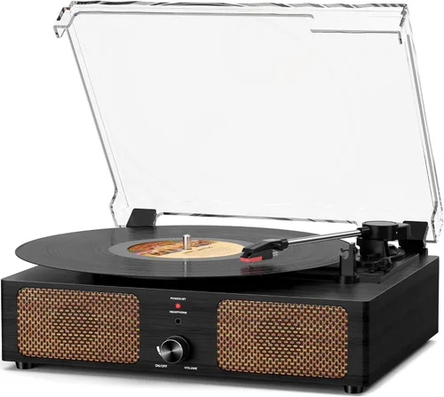 Vista 11 de Tocadiscos de vinilo con receptor Bluetooth integrado y 2 altavoces estéreo, 3 velocidades y 3 tamaños, tocadiscos retro portátil para Amarillo