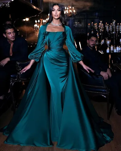 Vista 2 de Vestido formal de satén con cuello cuadrado y manga larga farol fruncido de sirena vestido de fiesta de graduación con tren elegante DR0083