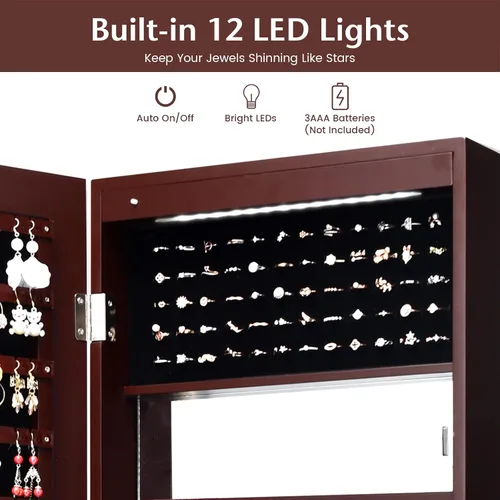 Vista 4 de COSTWAY Armario de joyería con espejo de 12 LED, armario organizador de joyas montado en la paredpuerta con espejo de 53.5 pulgadas de longitud