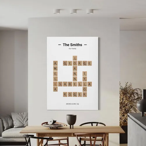 Vista 4 de Decoración de pared personalizada con crucigrama con nombre de familia, impresiones en lienzo personalizadas, impresión enmarcada, regalo