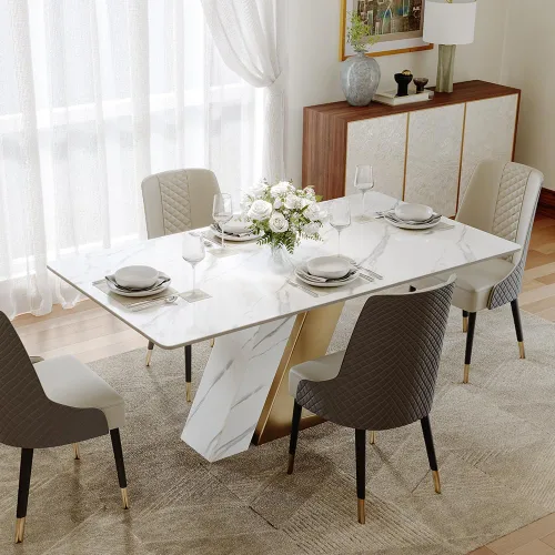 Vista 33 de POVISON Hobart - Mesa de comedor moderna de 71 pulgadas para 6, mesa de comedor negra de piedra sinterizada con pedestal de acero al carbono