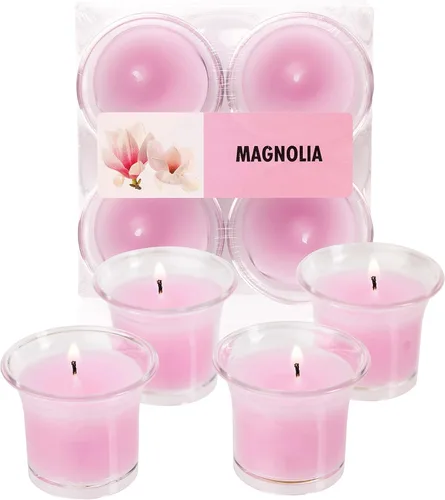 Vista 17 de HYOOLA Clear Cup Velas votivas perfumadas – Citronela – 12 horas de tiempo de combustión – Paquete de 4 – Fabricado en Europa Amarillo Citronela