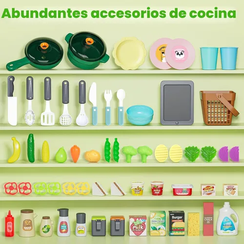 Vista 2 de Letapapa Juego de Cocina para Niños, Juguetes de Cocina con Sonido y Luz Realistas, Estufa de Cocina, Fregadero, Comida de Juego y Accesorios