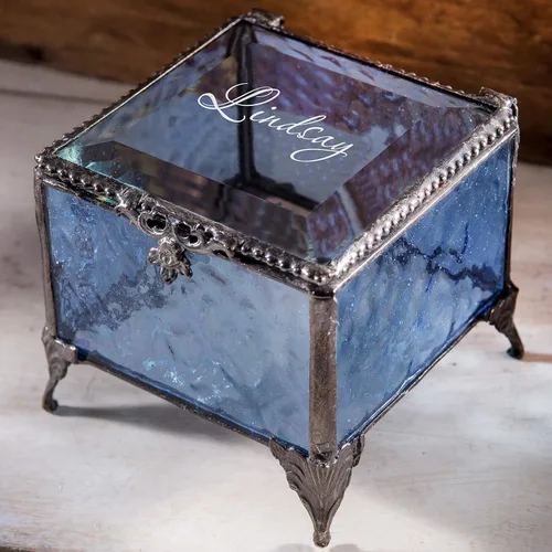 Vista 3 de Caja de cristal azul personalizada, vitrina decorativa para tocador, organizador de joyas, regalo de recuerdo para ella, niña, mujer, decoración