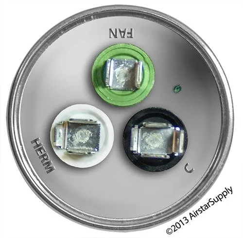 Vista 3 de Reemplazo de condensador universal dual redondo de 35 + 10 uf / Mfd Amrad USA2227B - utilizado para 370 o 440 VCA, fabricado en los Estados Unidos.