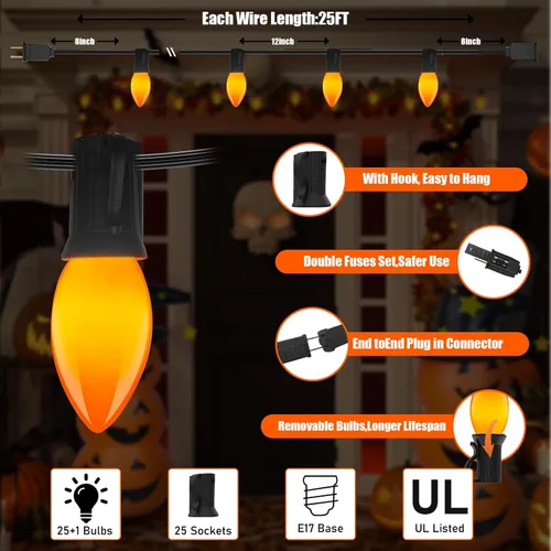 Vista 3 de Luces LED C9 de Halloween, 25 pies, 26 bombillas, ahorro de energía de 120 V, luces conectables resistentes a la intemperie IP44 para patio, techo