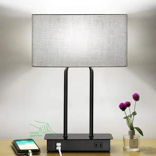 Vista 10 de Lámpara de mesa con control táctil y puertos de carga USB duales, 1 salida de CA, lámpara de mesita de noche moderna regulable de 3 vías con Crema