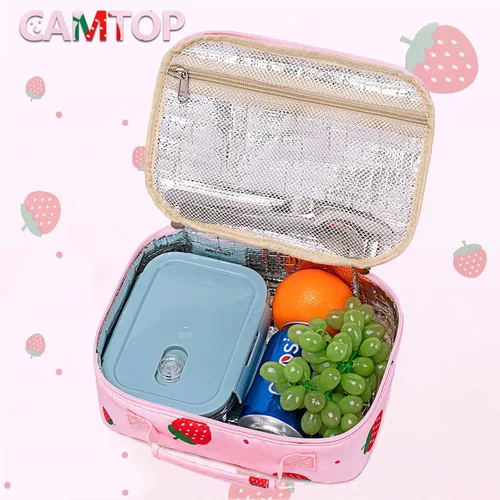 Vista 7 de CAMTOP Mochila para niños y niñas, mochilas preescolares con lonchera, juego de bolsa luminosa para jardín de infantes, rosado (Pink Strawberry)