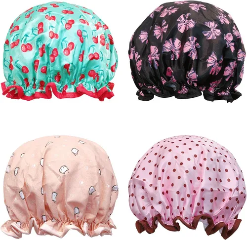 Vista 10 de Wrapables® Elegantes gorros de ducha impermeables de doble capa (juego de 4), estampado animal y puntos