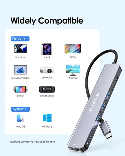 Vista 8 de LENTION Hub USB-C 8 en 1 con HDMI 4K 60Hz, entrega de energía de 100 W, datos USB C de 5 Gbps, 3 USB 3.0 y lector de tarjetas microSD y SD