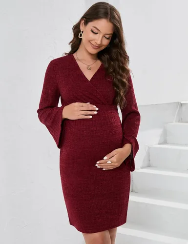 Vista 2 de KOJOOIN Maternity Dress Rib Knit Wrap V Neck Bell Long Sleeve Sweater Bodycon Midi Dress Baby Shower Photoshoot