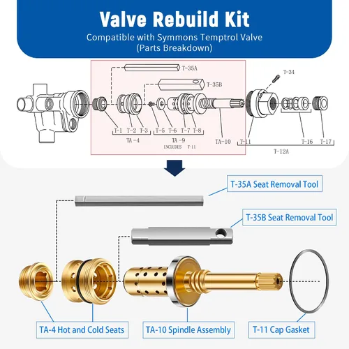 Vista 2 de Enhon Kit de reconstrucción de válvula de repuesto para REB-VALVE, compatible con válvula Temptrol Symmons, conjunto de husillo TA-10, asientos