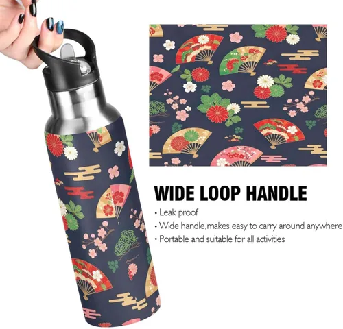 Vista 4 de Japanese Fans Vintage Insulated Stainless Steel Water Bottle with Straw 20 Oz, BPA-Free Sports Water Bottle with Straw Leakproof Water Bottles