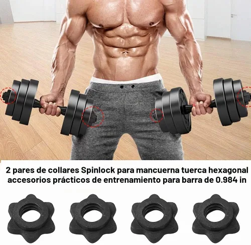 Vista 4 de CALIDAKA 4 collares Spinlock, tuerca hexagonal para mancuernas, tuerca de barra de mancuernas, collar de tornillo estándar de 1 pulgada, abrazaderas
