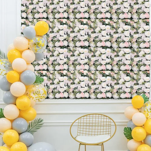 Vista 3 de Paneles de flores artificiales para decoración de pared, 6 piezas de rosas falsas, peonía, eucalipto, telón de fondo de pared de rosas para fiesta 6