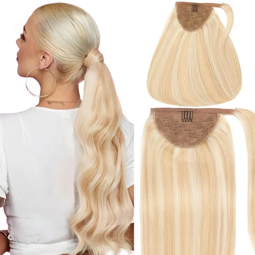 Vista 9 de Caliee Extensión de cabello humano de 14 pulgadas de largo, con reflejos P12/60A, color marrón dorado con rubio platino, extensión de cabello 100%