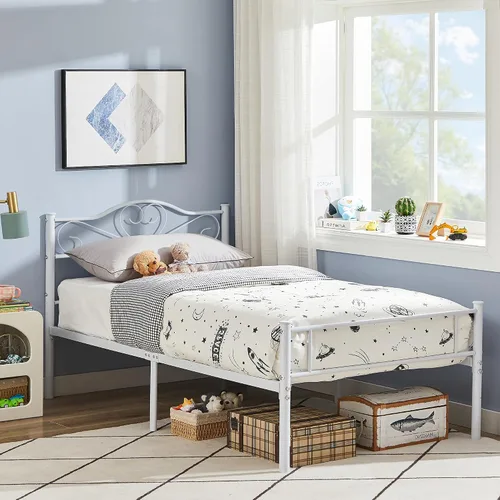 Vista 13 de VECELO Base de cama de plataforma de metal con cabecera y estribo, base de colchón de listones de acero, no necesita somier, individual, negro mate