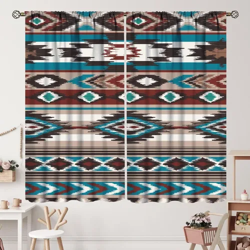Vista 16 de Cortinas con patrón geométrico tribal, estilo suroeste, azteca, rústico, occidental, nativo americano, opacas, con bolsillo para barra, decoración