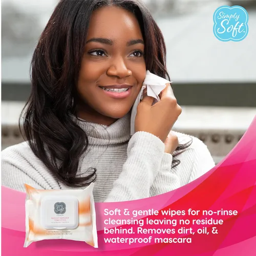 Vista 2 de Simply Soft - Toallitas desmaquillantes prémium de 25 unidades (2 paquetes abatibles), aroma cítrico, toallitas de maquillaje para pieles sensibles