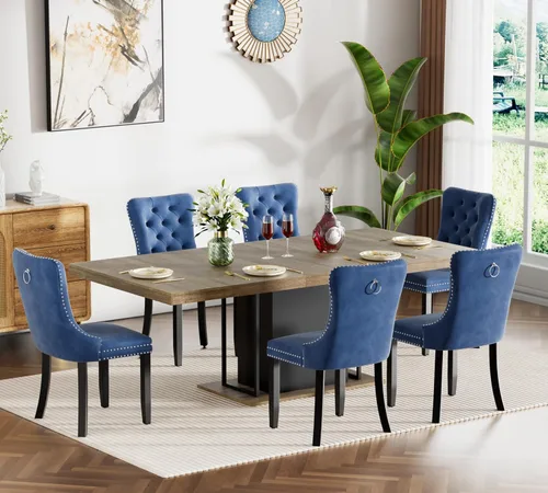 Vista 11 de Henf Juego de mesa de comedor extensible de 78 pulgadas para 6 mesas rectangulares de madera de 7 piezas con 6 sillas tapizadas de terciopelo, mesa