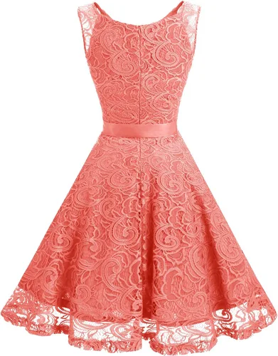 Vista 4 de Dressystar - Vestido de fiesta corto para mujer con encaje floral y cuello en V, ideal para dama de honor y baile de graduación