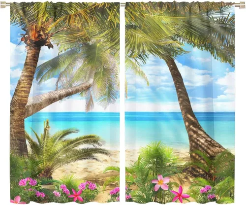 Vista 31 de Cortinas de playa con estampado de plantas tropicales y árboles de coco, paisaje natural, con bolsillo para barra, 2 paneles, decoración