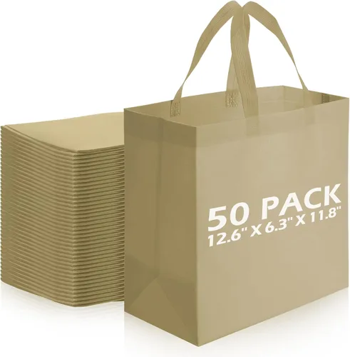 Vista 20 de Reginary 50 bolsas reutilizables a granel, bolsas de compras no tejidas con asas, plegables para boutiques (beige)