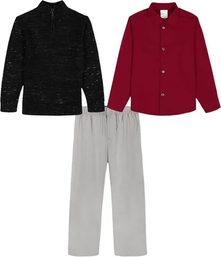 Vista 2 de Calvin Klein Conjunto de suéter de 3 piezas para niños con camisa y pantalones con botones a juego