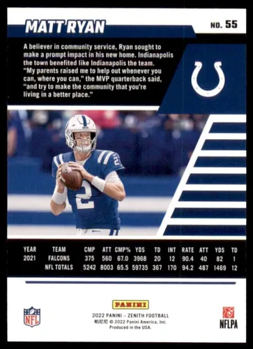 Vista 2 de 2022 Panini Zenith Retail #55 Matt Ryan Indianapolis Colts NFL Football Card NM-MT