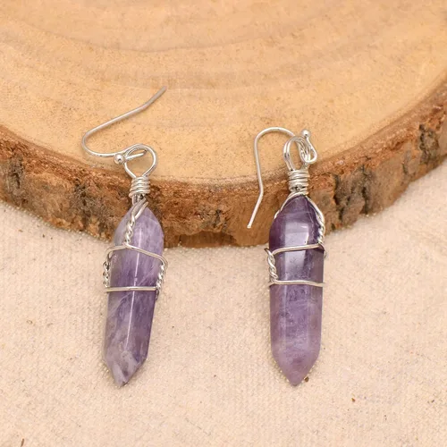 Vista 8 de Pendientes de cristal de punta envuelta en alambre de piedra pulida para mujer Reiki Energy Healing