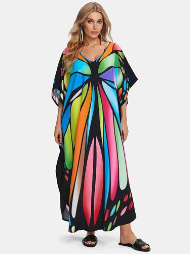 Vista 7 de Vestido RanRui largo hasta el piso, caftán, con botones, para playa, para mujer