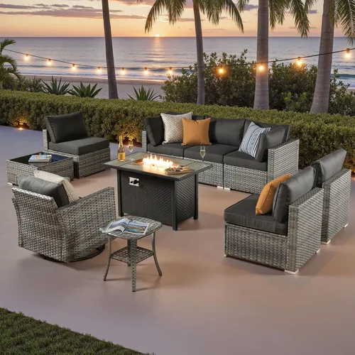 Vista 20 de ovios Juego de muebles de patio al aire libre de 5 piezas con mesa de café, conjunto seccional de muebles de patio con sofá de mimbre para todo tipo