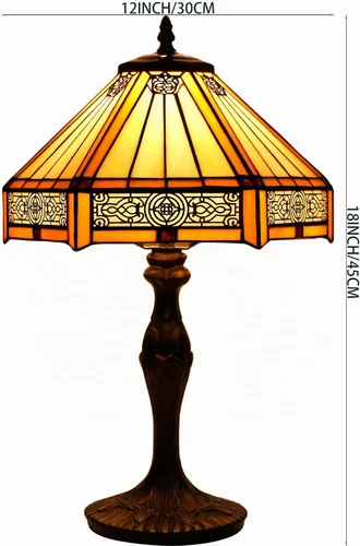 Vista 7 de WERFACTORY Tiffany - Lámpara de mesa hexagonal amarilla estilo misión de vitral, lámpara de mesa de escritorio, luz de lectura de 12 x 10 x 18