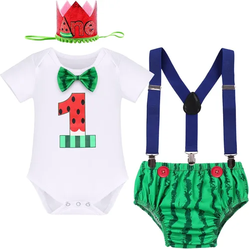 Vista 8 de Conjunto de 4 piezas de 3 piezas para bebé, diseño de sandía, para el primer cumpleaños, para tarta, de manga corta, pañales, con tirantes