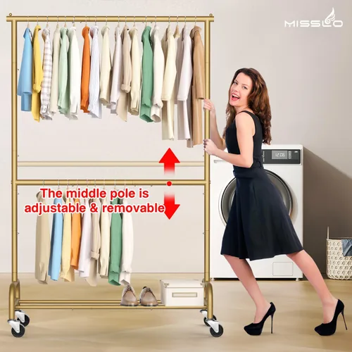 Vista 6 de MISSLO Perchero resistente para ropa con ruedas, para colgar ropa, para abrigo, vestuario, dorado (doble barra)