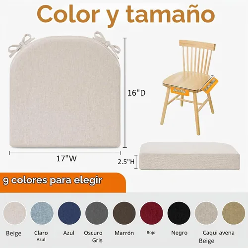 Vista 6 de downluxe Cojines para sillas de comedor, almohadillas de lino de espuma viscoelástica para sillas de cocina con lazos, cubierta impermeable Beige