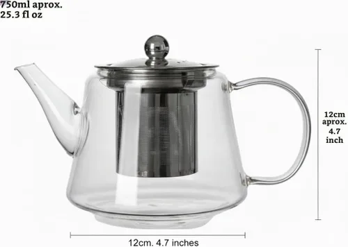 Vista 4 de Tetera de vidrio de borosilicato de 25 onzas (25.4 fl oz) con infusor de acero inoxidable extraíble con caja de regalo, tetera transparente