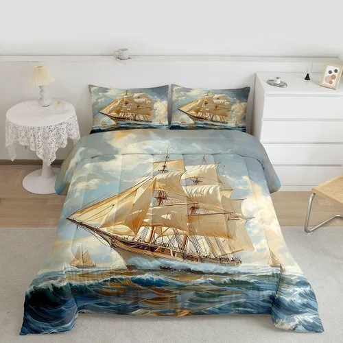 Vista 12 de Juego de edredón de brújula azul marino, tamaño individual, 2 piezas, diseño náutico de vela, estilo simple, para niños, adolescentes, adultos