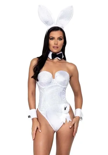 Vista 4 de Disfraz Playboy Mujer Coneja Blanca y Plateada con Piedras Brillantes Multicolor