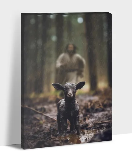 Vista 35 de Arte de pared en lienzo de Jesús y Cordero, Arte de pared en lienzo de Jesús abrazando a un cordero fangoso, Arte de pared cristiano para decoración