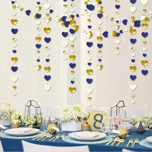 Vista 4 de 52 pies Guirnalda de corazón de amor dorado azul marino para decoración de fiesta del día de San Valentín Bandera de serpentina colgante azul real