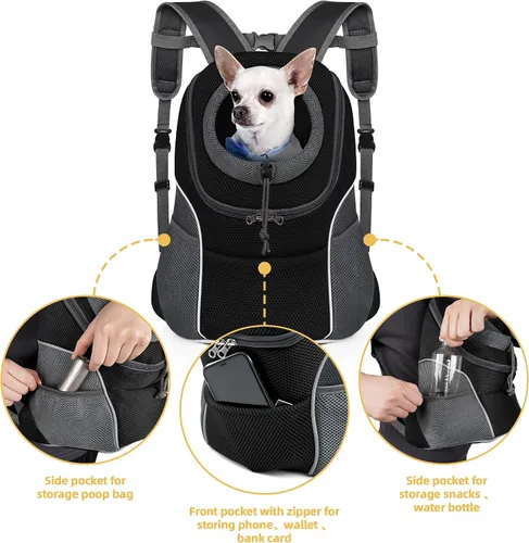 Vista 4 de WOYYHO Mochila transportadora para perros pequeños, mochila frontal ventilada para perros con bolsillos de almacenamiento, correas ajustables