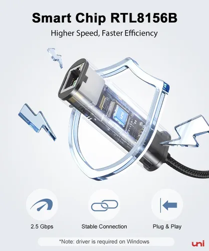 Vista 3 de uni Adaptador USB-C a Ethernet de 2.5 Gbps, Blazing Fast Type-C (compatible con Thunderbolt 4/3) a RJ45, adaptador de red Gigabit de aluminio