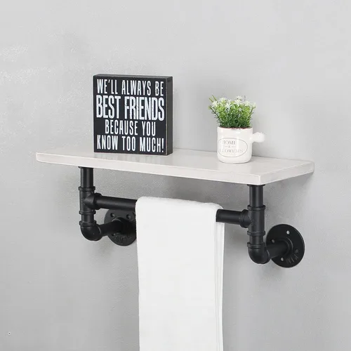 Vista 3 de MBQQ Estante de tubería industrial para baño, estantes montados en la pared, estante de madera rústica de 19.6 pulgadas con toallero, toallero