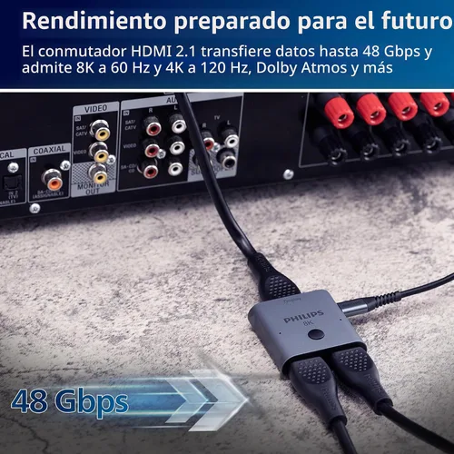 Vista 2 de Philips 2 Device HDMI 2.1 Switch Splitter [8K @60Hz 4K @120Hz] Sonido envolvente HD Dolby 7.1, transferencia de datos de 48 Gbps, juegos, Smart