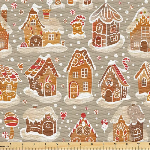 Vista 76 de Ambesonne Tela Navideña por Yarda, Tema Navideño Colorido Vivo Piñas de Pino Ramas Hombre de Jengibre Imagen de Bayas Estampada, Tela de Punto